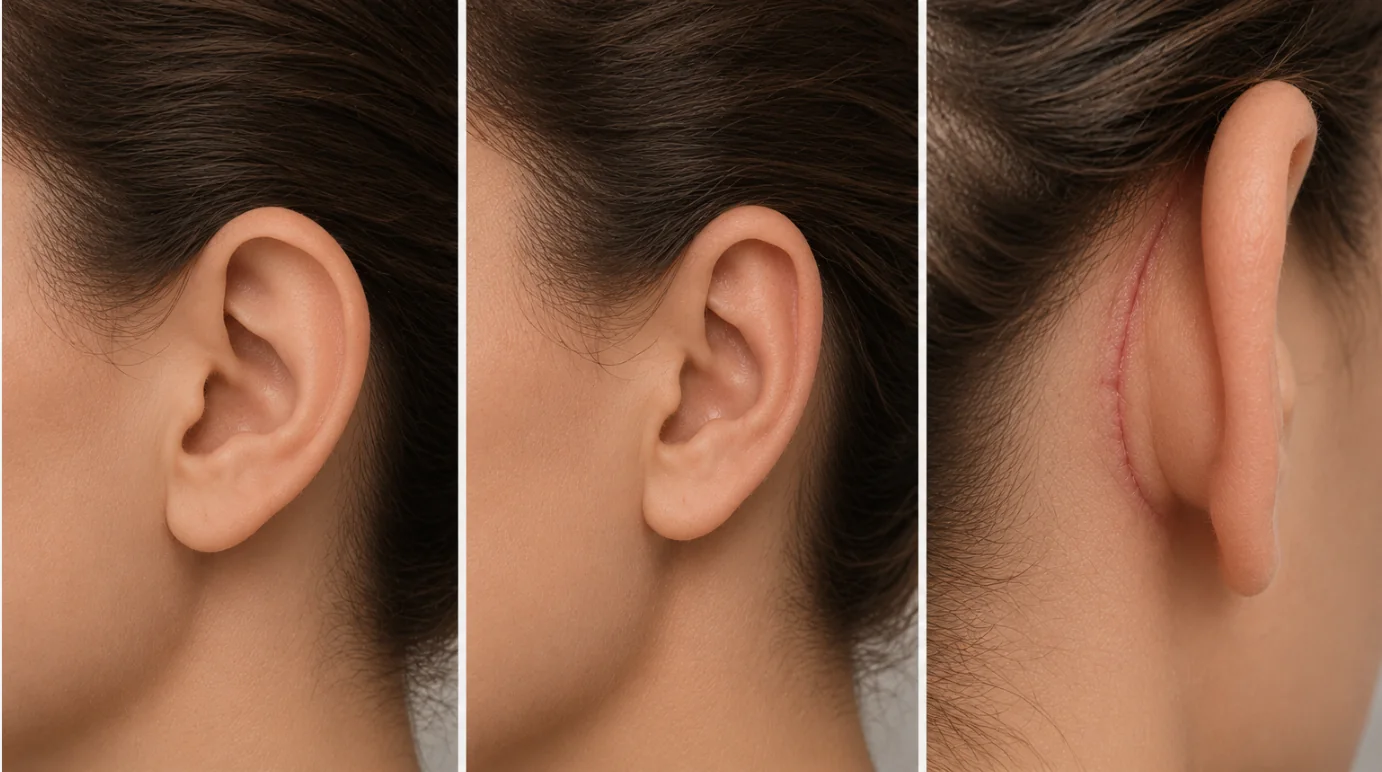 Ilustração da remodelação da orelha e da cicatriz posicionada em sua face posterior.